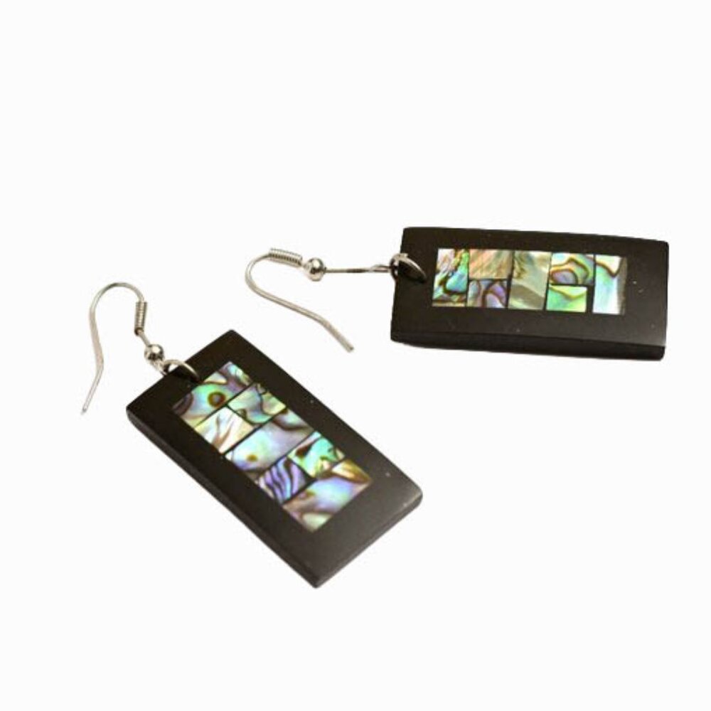 VINTAGE 80’s Lee Sands Rectangular Pierced Earrings-Black with Inlaid Abalone - Picture 5 of 6